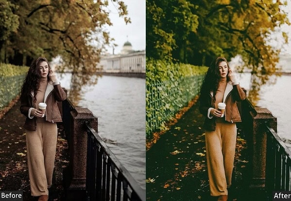 Before and after images showcasing bright, airy Lightroom presets enhancing autumn outdoor photography with warm tones and vibrant foliage.