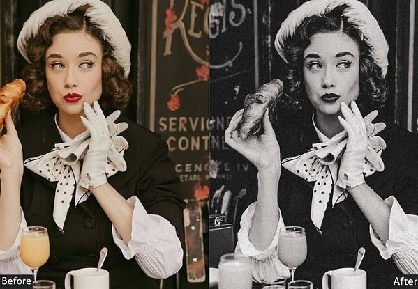 Vintage style portrait of a woman in black and white, with retro clothing and makeup, sitting at a cafe table with drinks, showcasing timeless photo editing effects.