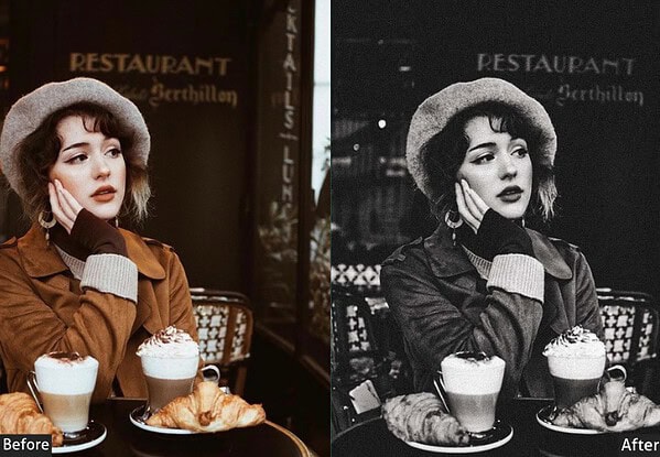 Stylish woman in a coffee shop with drinks, shown in color and black-and-white versions, highlighting classic photo editing presets.