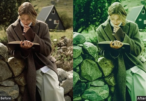 Comparison of photo before and after applying Lightroom presets for a bright, airy look, featuring a woman reading outdoors with a house in the background.