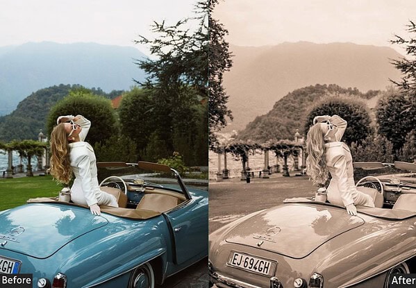 Comparison of photo before and after applying classic Lightroom presets, showcasing enhanced color tones and vintage style in a scenic outdoor setting.