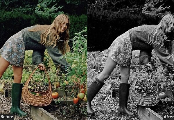 Comparison of a woman in a garden before and after applying black and white Lightroom presets, showcasing timeless photo editing effects.