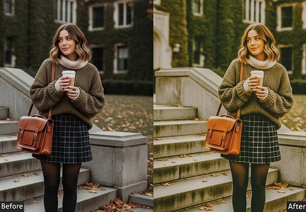 Before and after images showcasing the effect of light and airy Lightroom presets on a woman's photo, emphasizing bright, dreamy tones for enhanced visual appeal.