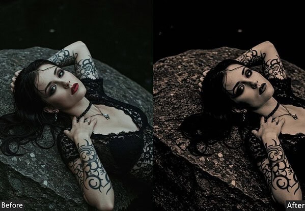 Comparison of a woman with gothic makeup and tattoos before and after applying a dark, moody Lightroom preset for horror and gothic looks.