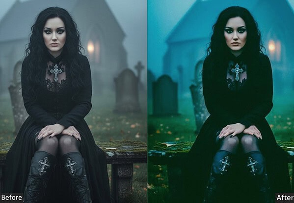 Dark gothic portrait of a woman with moody lighting, enhanced with Gothic Lightroom presets for horror and dark aesthetic looks.