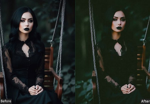 Gothic woman with dark makeup and black lace dress sitting on a swing, showcasing moody and dark aesthetic with Lightroom presets.