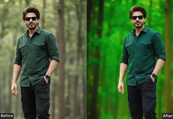 Before and after image showing color grading effects on a man in a forest setting, highlighting the impact of Lightroom presets.
