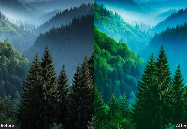 Comparison of mountain forest landscape showing enhanced color grading and clarity after applying Lightroom presets.