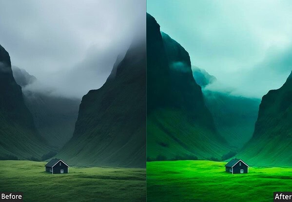 Comparison of landscape scene before and after applying Lightroom presets, showcasing enhanced color grading and vibrancy in a mountain valley with a house.