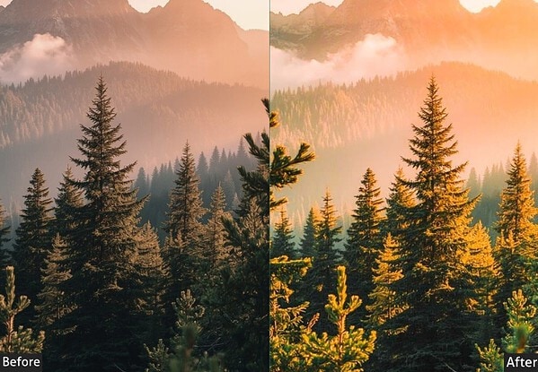 Comparison of mountain landscape before and after applying Lightroom presets for vibrant color grading and enhanced details.