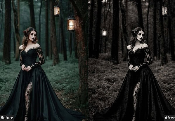 Dark gothic forest scene with a woman in a black dress, enhanced with Moody and horror-themed Lightroom presets for a dramatic look.