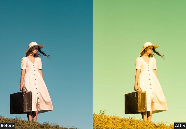 Comparison image showing a woman with a suitcase under a clear blue sky, with a color-graded version on the right using warm Lightroom presets for a golden effect.