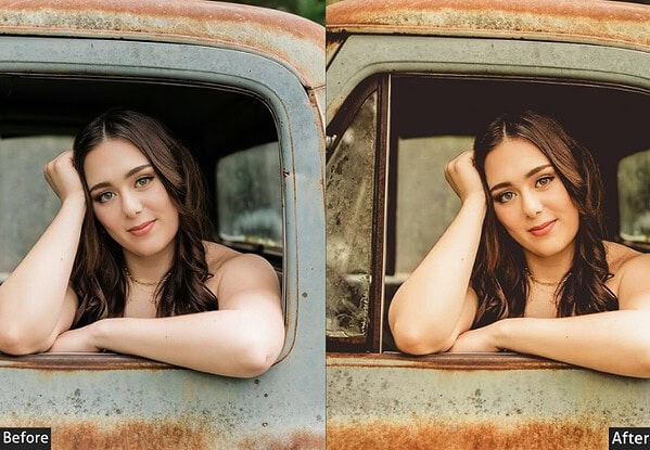 Comparison of a portrait photo before and after applying golden hour Lightroom presets, showing enhanced warm tones and sun-kissed effects.