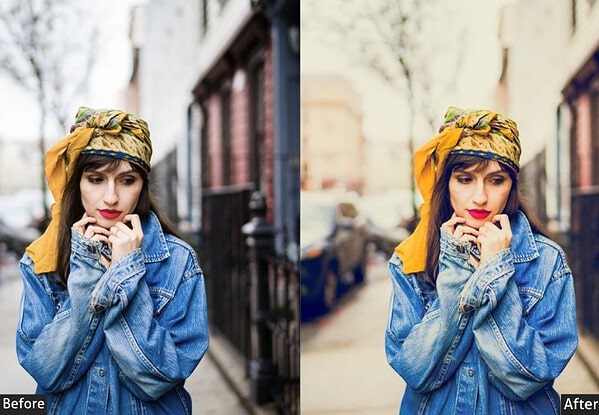 Before and after images showing the effect of warm Lightroom presets on a portrait of a woman with a yellow headscarf and denim jacket, enhancing warm tones and overall mood.