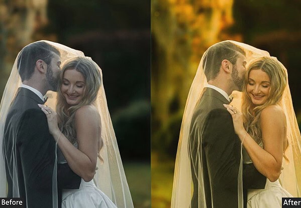 Beautiful wedding photo enhanced with golden hour Lightroom presets, showcasing warm sunlight and romantic ambiance.