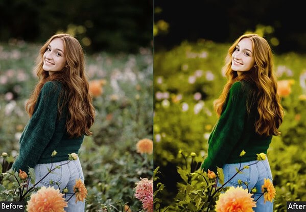 Before and after images showing the effect of golden hour Lightroom presets on a woman's portrait in a flower field.