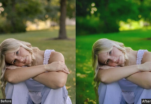 Comparison of outdoor photo before and after applying Lightroom presets, highlighting enhanced green tones and overall vibrancy.
