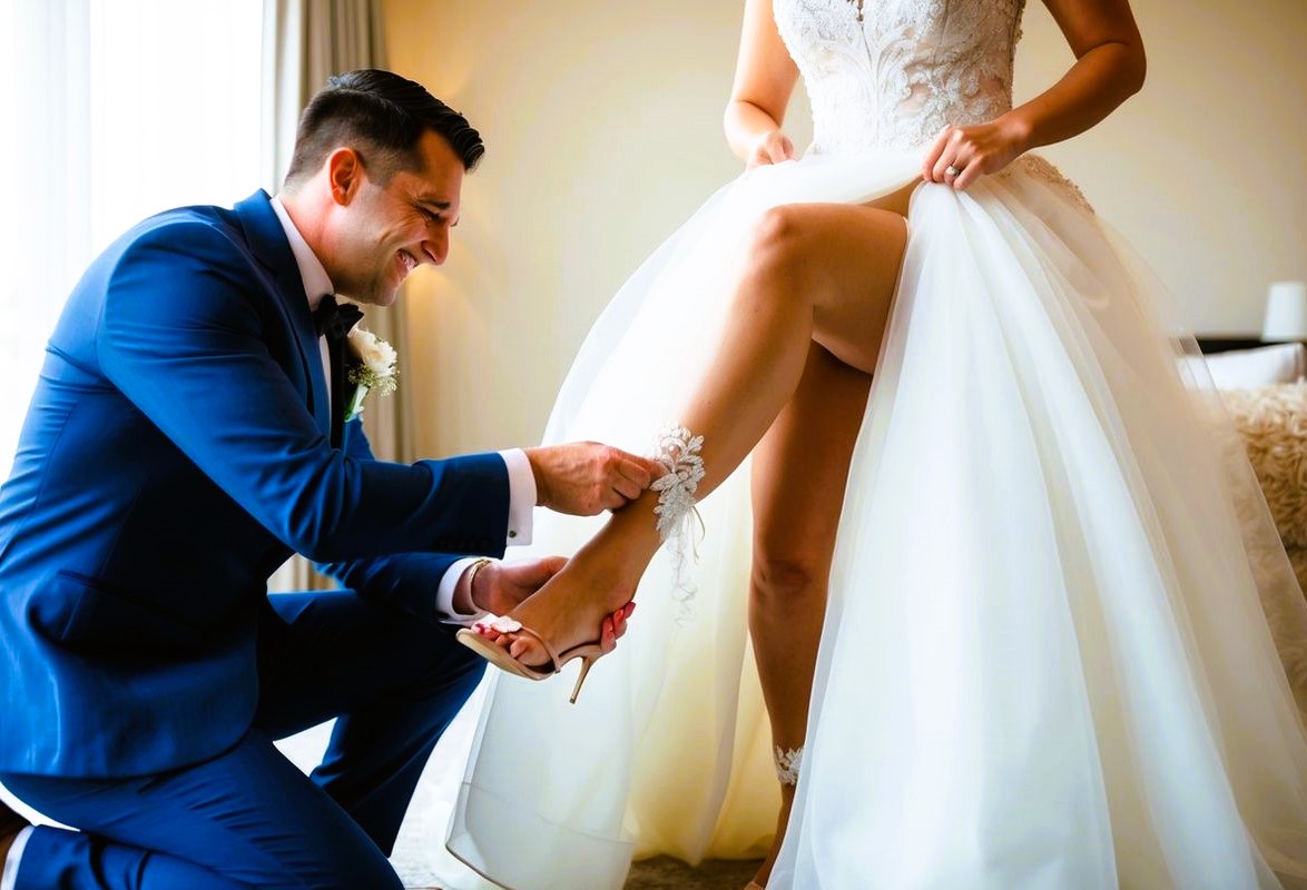 Groom removing garter