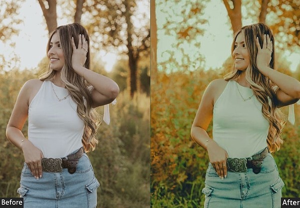 Comparison of outdoor photo with and without Lightroom presets, highlighting color enhancement and warmth for better outdoor photography.