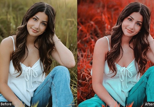 Before and after outdoor portrait photo edited with Lightroom presets, showcasing vibrant color enhancement and contrast adjustment.
