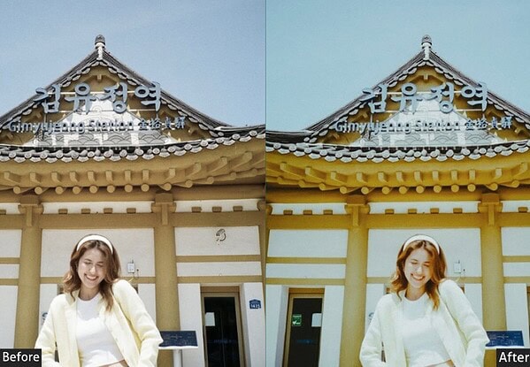 Side-by-side comparison of a building photo before and after applying Kodak Portra Lightroom presets for a classic film look.