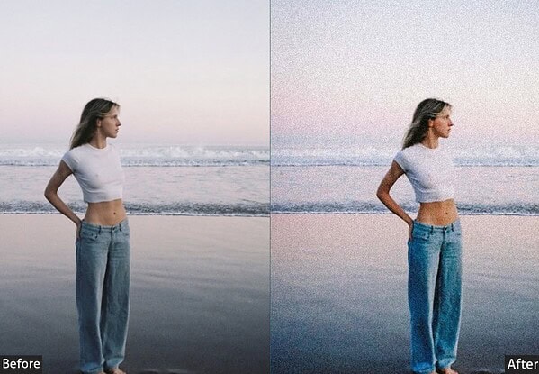 Side-by-side comparison of a woman on the beach before and after applying Kodak Portra Lightroom presets for a vintage film look.