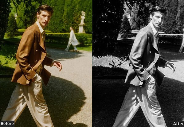 Before and after comparison of a man in a park using Kodak Portra film style presets for Lightroom, showcasing color enhancement and black-and-white effects.
