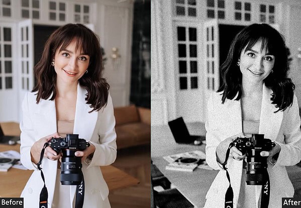 Portrait of a woman holding a camera, smiling, in a well-lit indoor setting, demonstrating before and after photo editing with Kodak Portra presets.