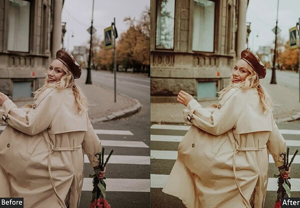 Woman in beige trench coat holding flowers, city street background, demonstrating classic film aesthetic with Kodak Portra Lightroom presets.