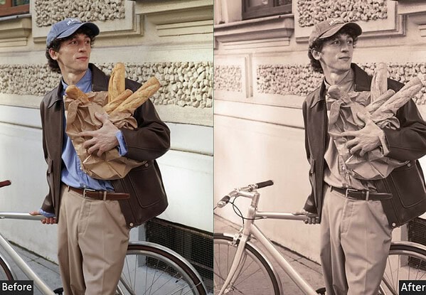 Side-by-side comparison of a man with a bicycle, showing a before and after applying Kodak Portra Lightroom presets for a classic film aesthetic.