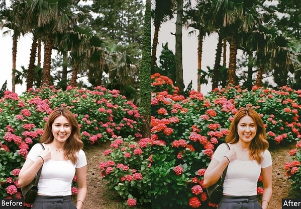 Before and after image showing a woman in a garden with vibrant pink and red flowers, demonstrating the effect of Kodak Portra Lightroom presets for classic film looks.