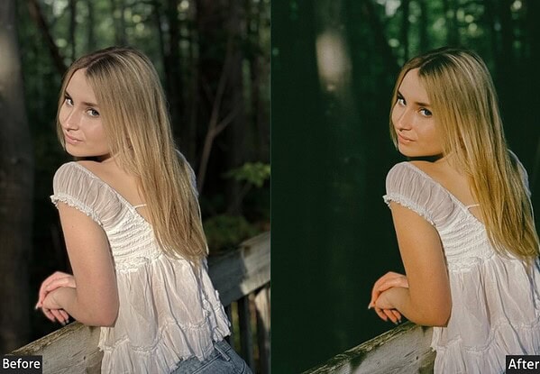 Comparison image showing the original photo and the edited version using Kodak Lightroom presets for a classic film look.