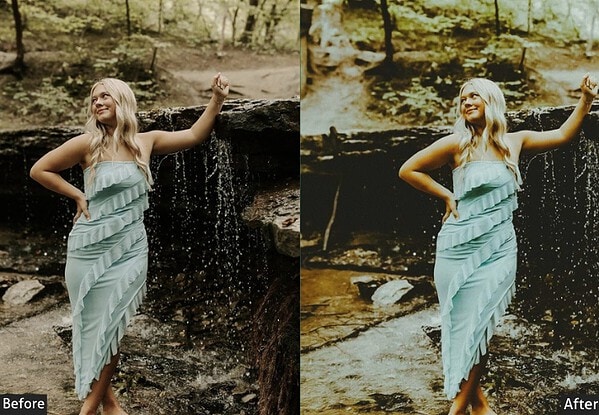 Comparison of photo before and after applying Kodak Portra Lightroom presets, showcasing enhanced warm tones and vintage film look.