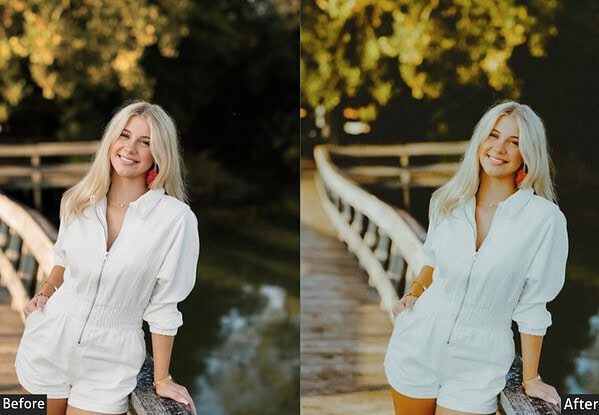 Comparison image showing the effect of Kodak Portra Lightroom presets on a portrait photo, highlighting color and tone enhancements.