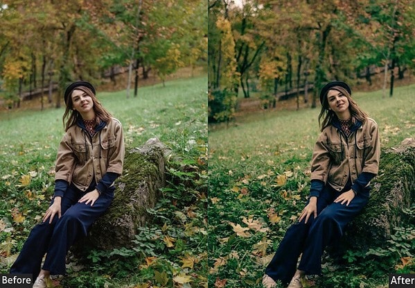 Portrait of a woman sitting on a log in a forest with colorful fall leaves, enhanced with Kodak Portra Lightroom presets for a warm, vintage film look.