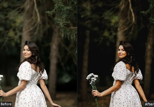 Comparison of a woman in a floral dress holding flowers in a forest, showing before and after applying Kodak Portra Lightroom presets for a vintage film look.