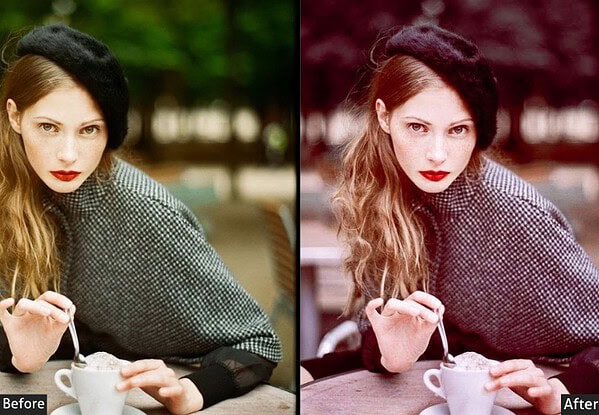 Before and after comparison of a portrait photo using Kodak Portra Lightroom presets for a classic film aesthetic.