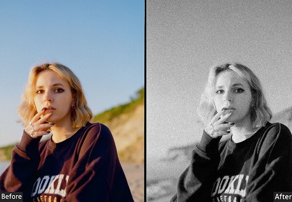 Comparison image showing a color photo and a black-and-white version using Kodak film presets for Lightroom.