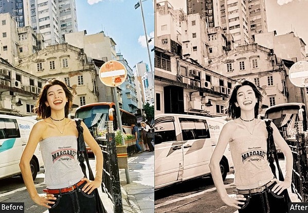 Comparison of a vibrant street photo before and after applying Kodak Portra Lightroom presets, showcasing enhanced color and classic film look.