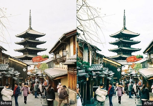 Vibrant Tokyo street scene featuring traditional architecture and a prominent pagoda, enhanced with Lightroom presets for a vivid, viral Tokyo look.
