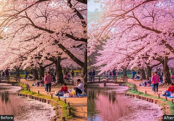 Beautiful cherry blossom trees along a river in Tokyo with people enjoying the scenery, enhanced with Lightroom presets for vibrant pinks and soft pastels.