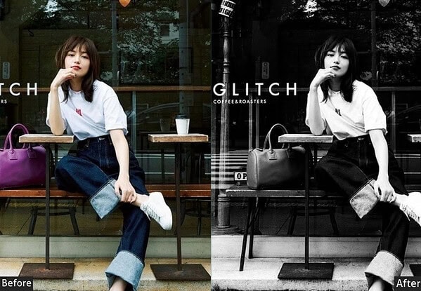 Young woman sitting at a cafe table with a purple bag, showcasing before and after photo edits using Lightroom presets for a vibrant Tokyo look.