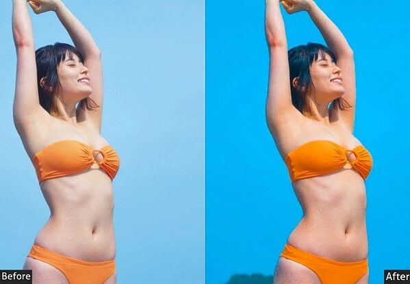 Before and after images showcasing the effect of Tokyo-inspired Lightroom presets on a woman's photo, highlighting color enhancement and vibrancy.