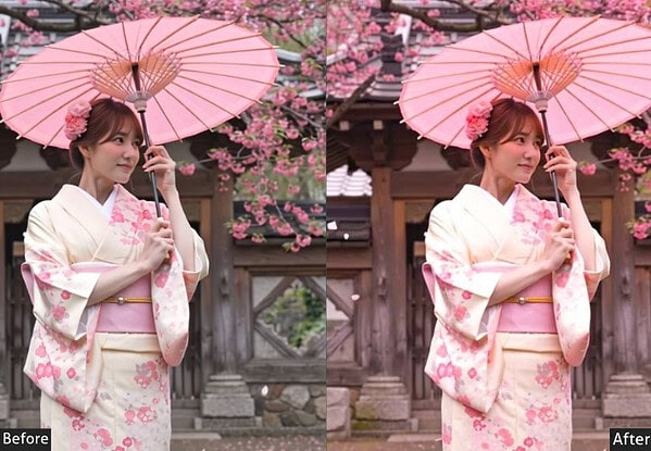 Young woman in traditional Japanese kimono holding a pink umbrella, standing in front of a cherry blossom tree and wooden structure, showcasing cultural elegance.