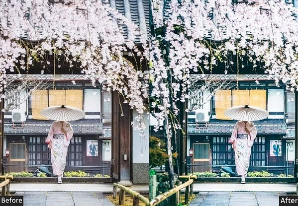 Beautiful Japanese street scene with cherry blossoms, traditional kimono, and parasol, enhanced with vibrant colors for a viral Tokyo look.