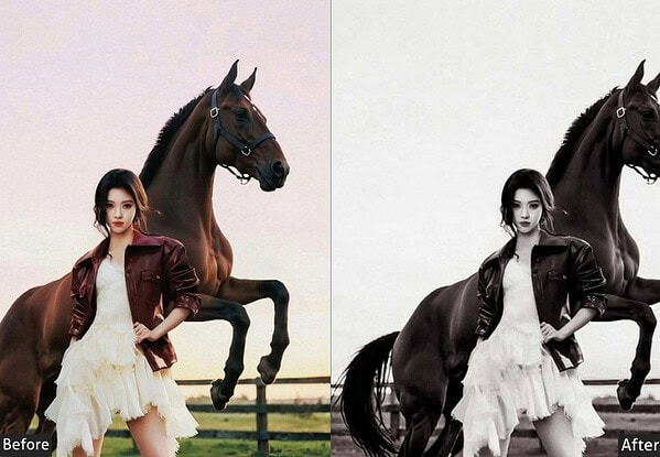 Comparison image showing before and after photo editing of a woman with a horse, highlighting color correction and enhancement for visual impact.
