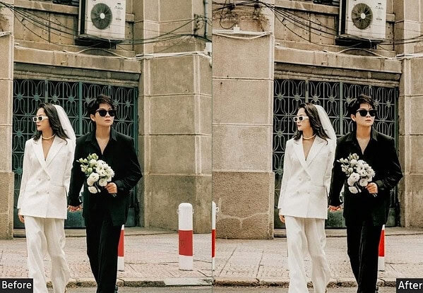 Two women in fashionable outfits walking in city street, one in white suit and the other in black, with a split-screen showing before and after Lightroom preset application.