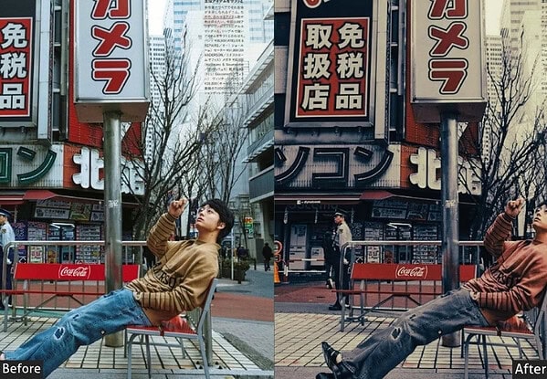 Young woman relaxing on a city bench in Tokyo with vibrant signage and urban background, showcasing a before and after Lightroom preset effect.