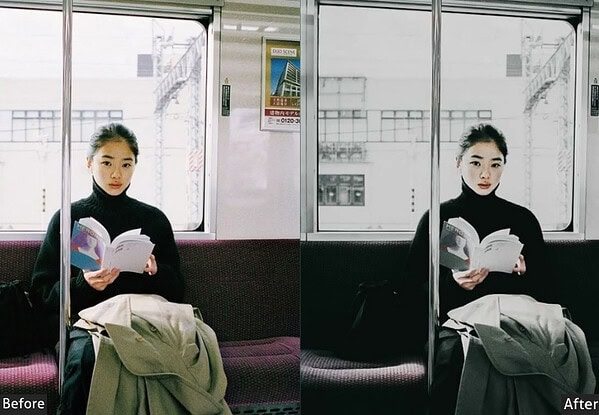 Side-by-side comparison of a woman reading a book on a train, showcasing before and after applying Tokyo-inspired Lightroom presets for vibrant, stylish photos.