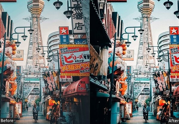 Before and after images showcasing vibrant Tokyo street with preset effects for enhanced visual appeal.